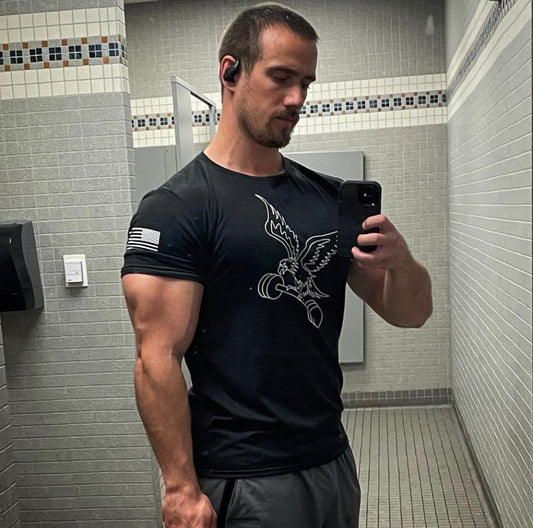 Founder Chris Worman in the Men's Premium Crew Neck Gym Shirt