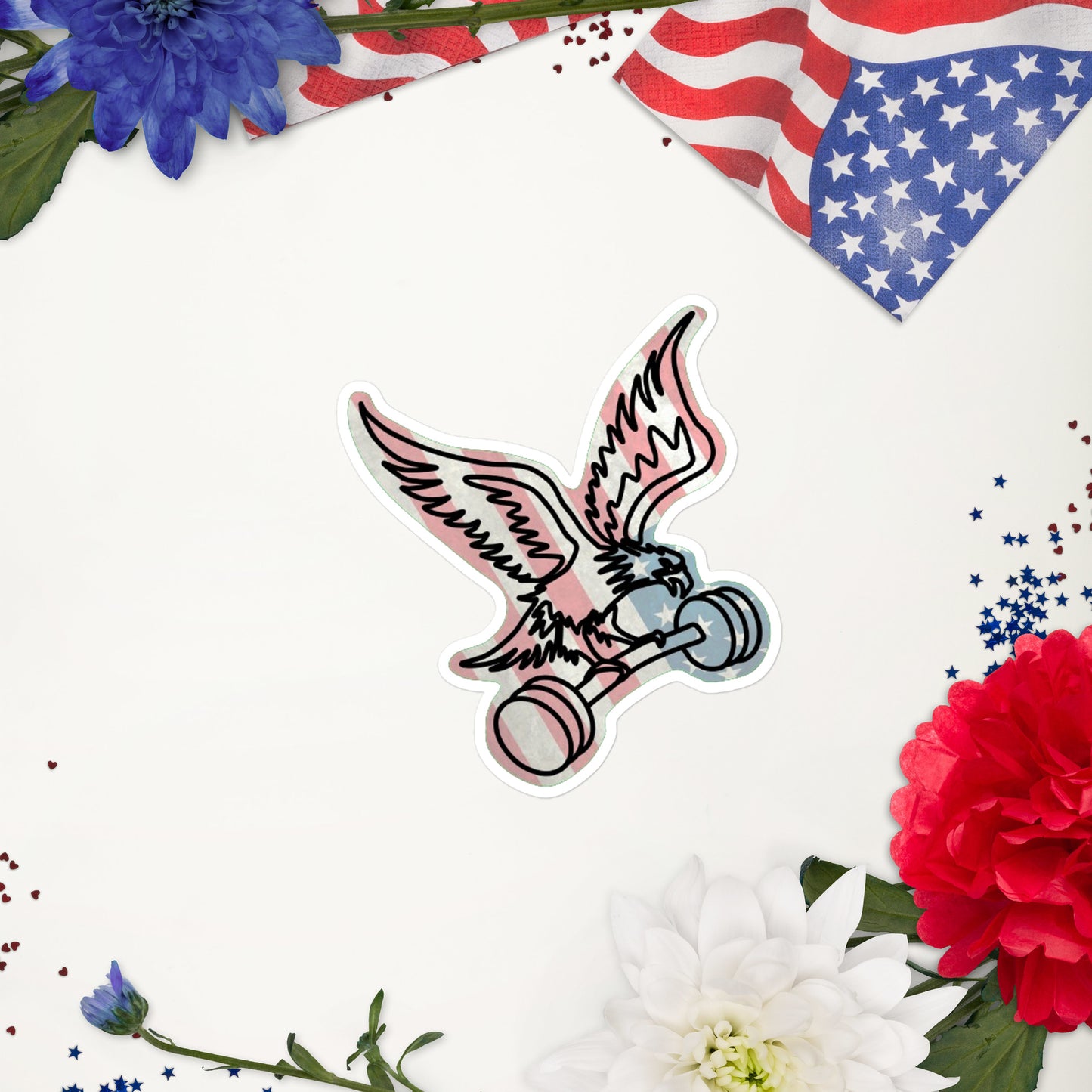 Barbell Eagle Sticker with USA Flag Background and White Trim