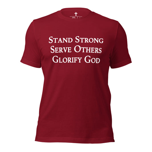 Stand Strong, Serve Others, Glorify God Christian T-Shirt in Cardinal