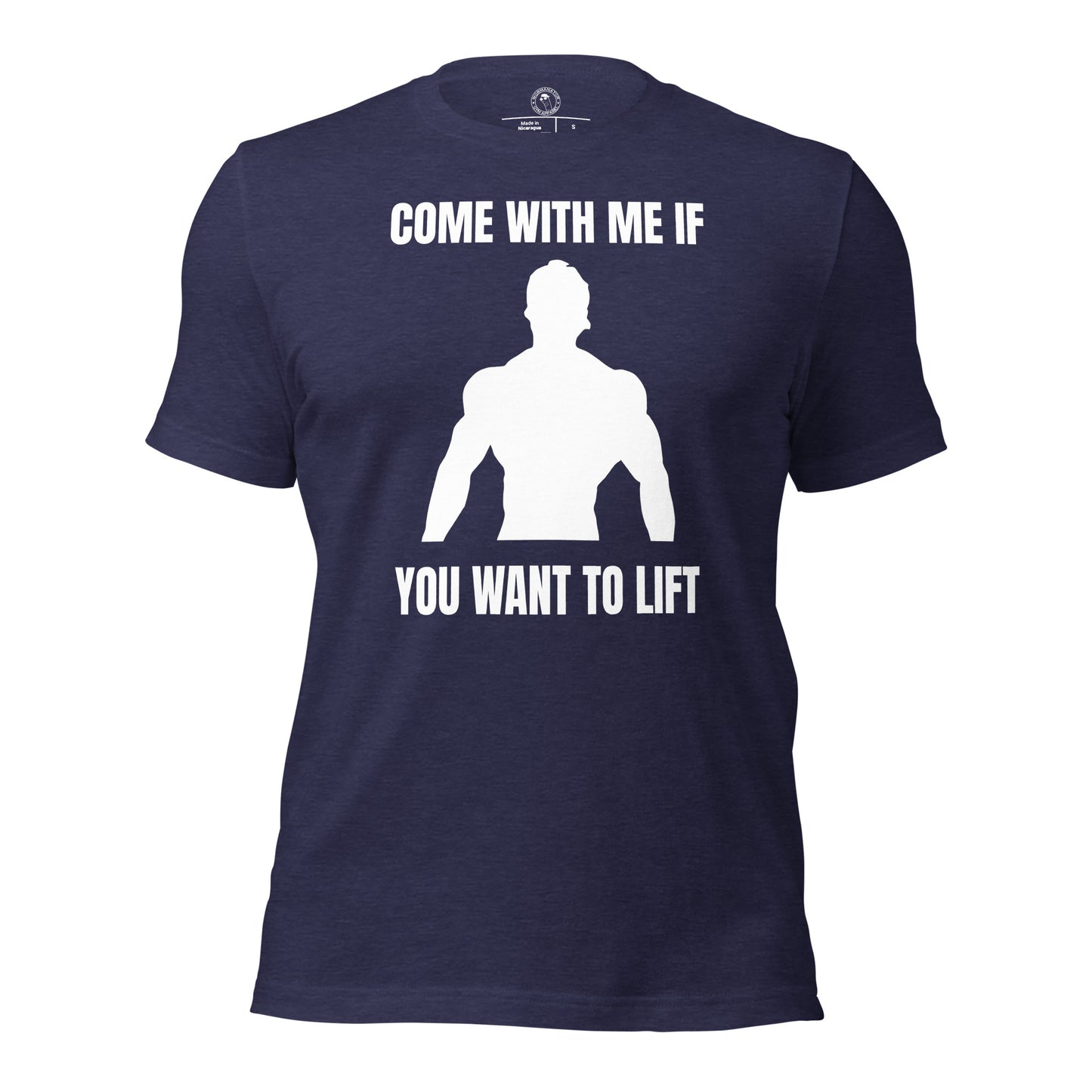 Come With Me if You Want to Lift Arnold Schwarzenegger Shirt in Heather Midnight Navy