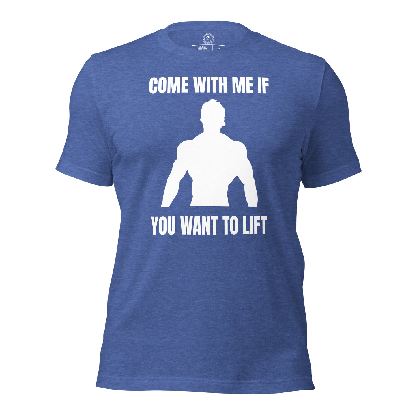 Come With Me if You Want to Lift Arnold Schwarzenegger Shirt in Heather True Royal