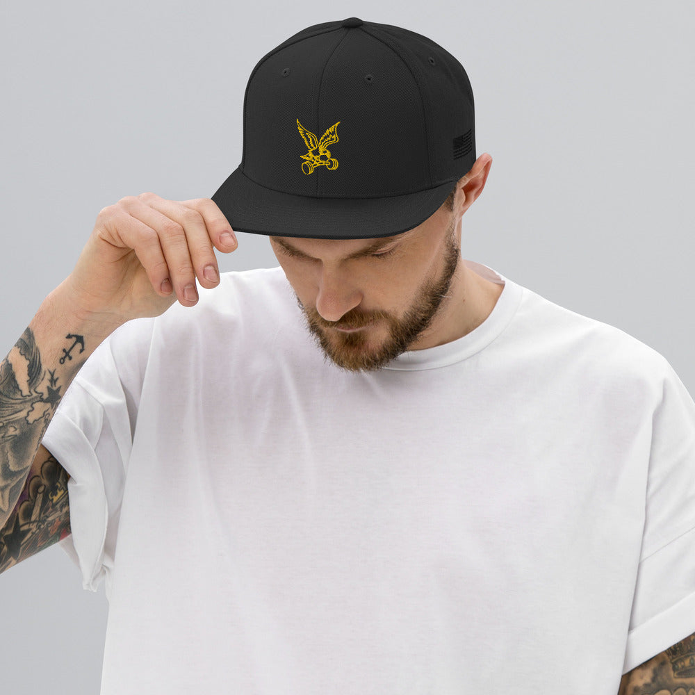 Barbell Eagle Embroidered Adjustable Flat-Billed Gym Hat in Black