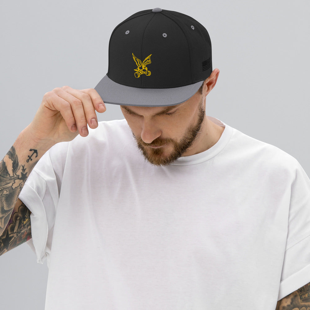 Barbell Eagle Embroidered Adjustable Flat-Billed Gym Hat in Black and Silver