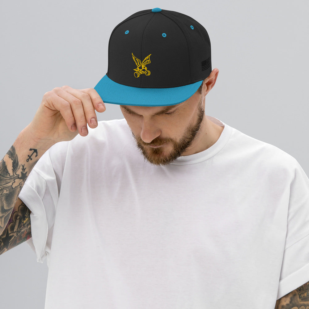 Barbell Eagle Embroidered Adjustable Flat-Billed Gym Hat in Black and Teal