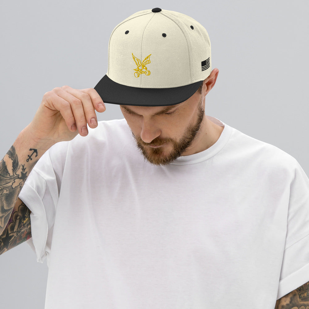 Barbell Eagle Embroidered Adjustable Flat-Billed Gym Hat in Natural and Black