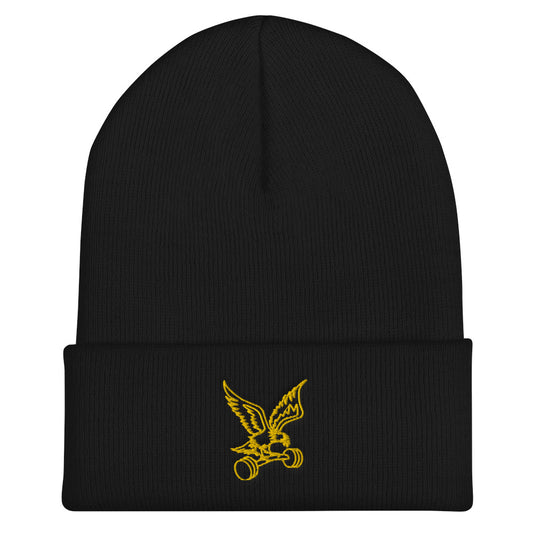 Barbell Eagle Embroidered Cuffed Gym Beanie in Black - Flat