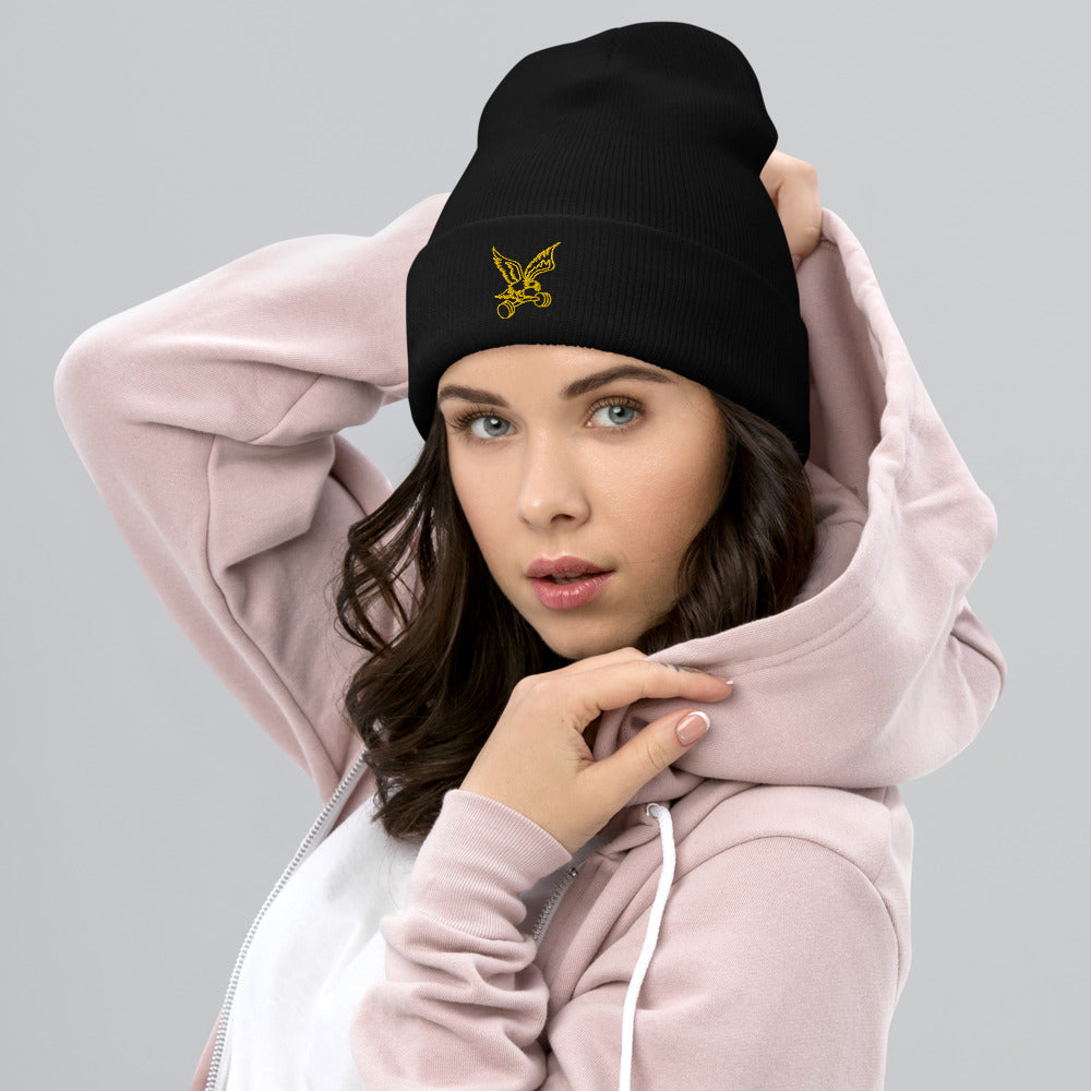 Barbell Eagle Embroidered Cuffed Gym Beanie in Black