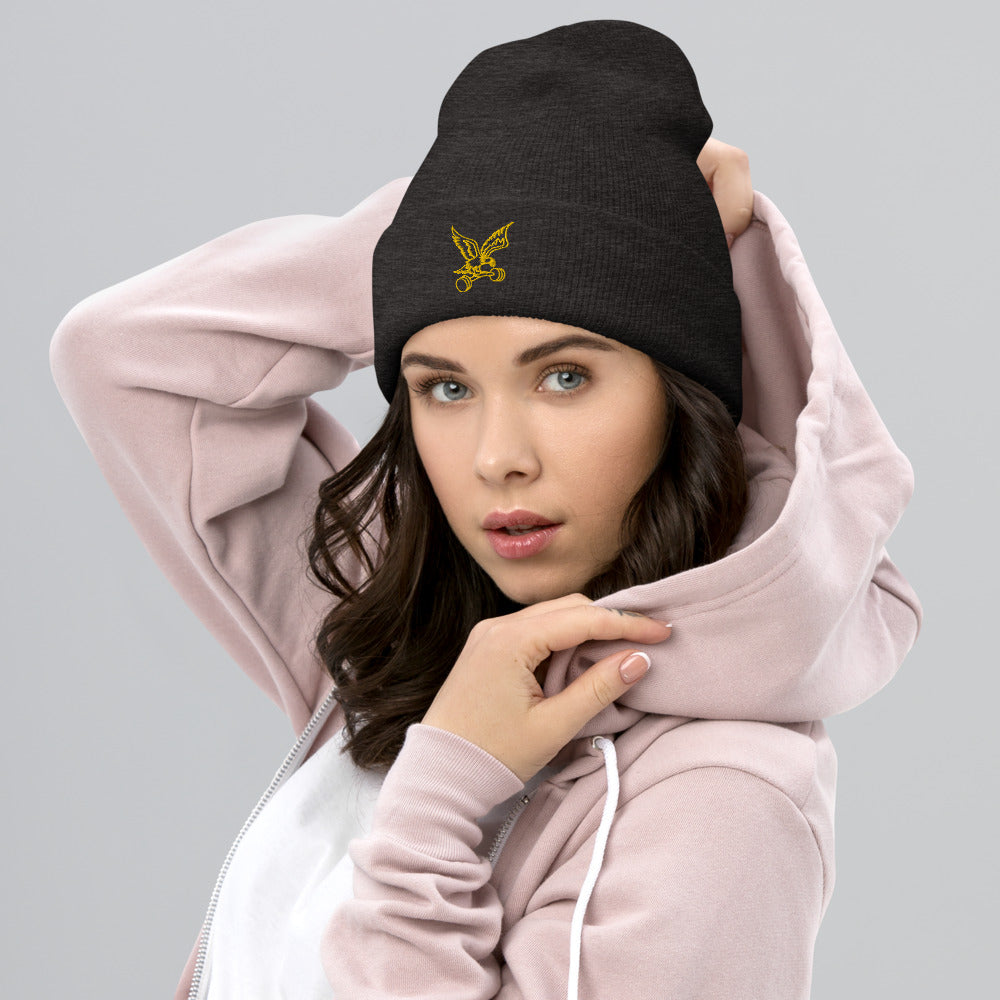Barbell Eagle Embroidered Cuffed Gym Beanie in Dark Grey