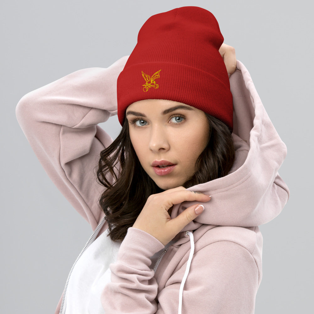Barbell Eagle Embroidered Cuffed Gym Beanie in Red