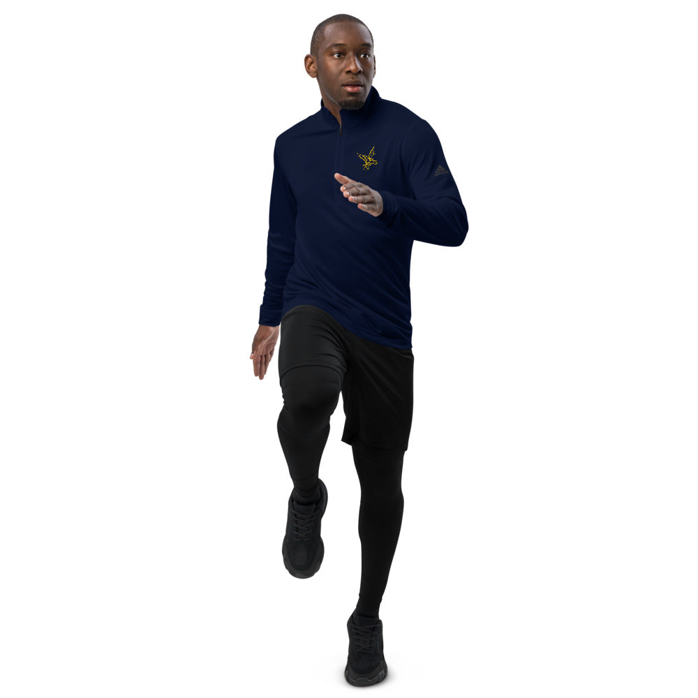 adidas Barbell Eagle Quarter-Zip Lifting Pullover in Collegiate Navy - Front with Movement