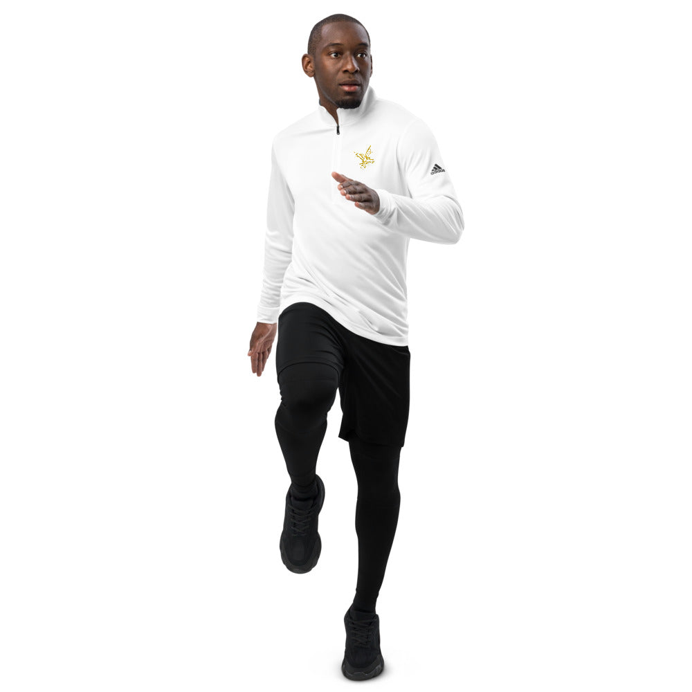 adidas Barbell Eagle Quarter-Zip Lifting Pullover in White - Front with Movement