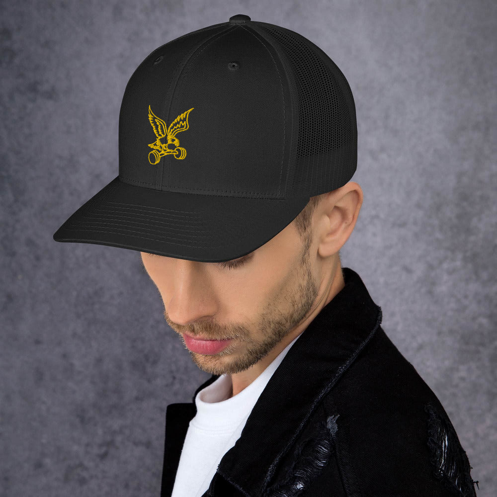 Barbell Eagle Embroidered Snap-Back Lifting Trucker Cap in Black - Left Front