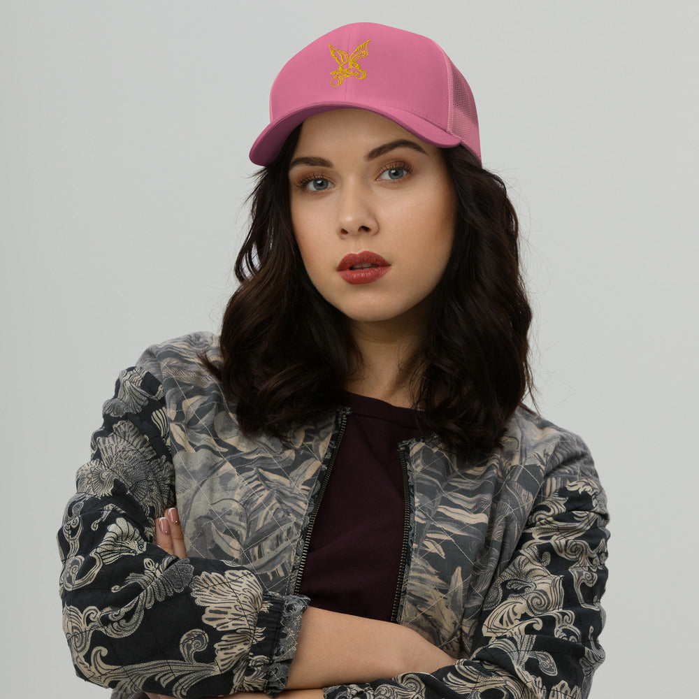 Barbell Eagle Embroidered Snap-Back Lifting Trucker Cap in Pink