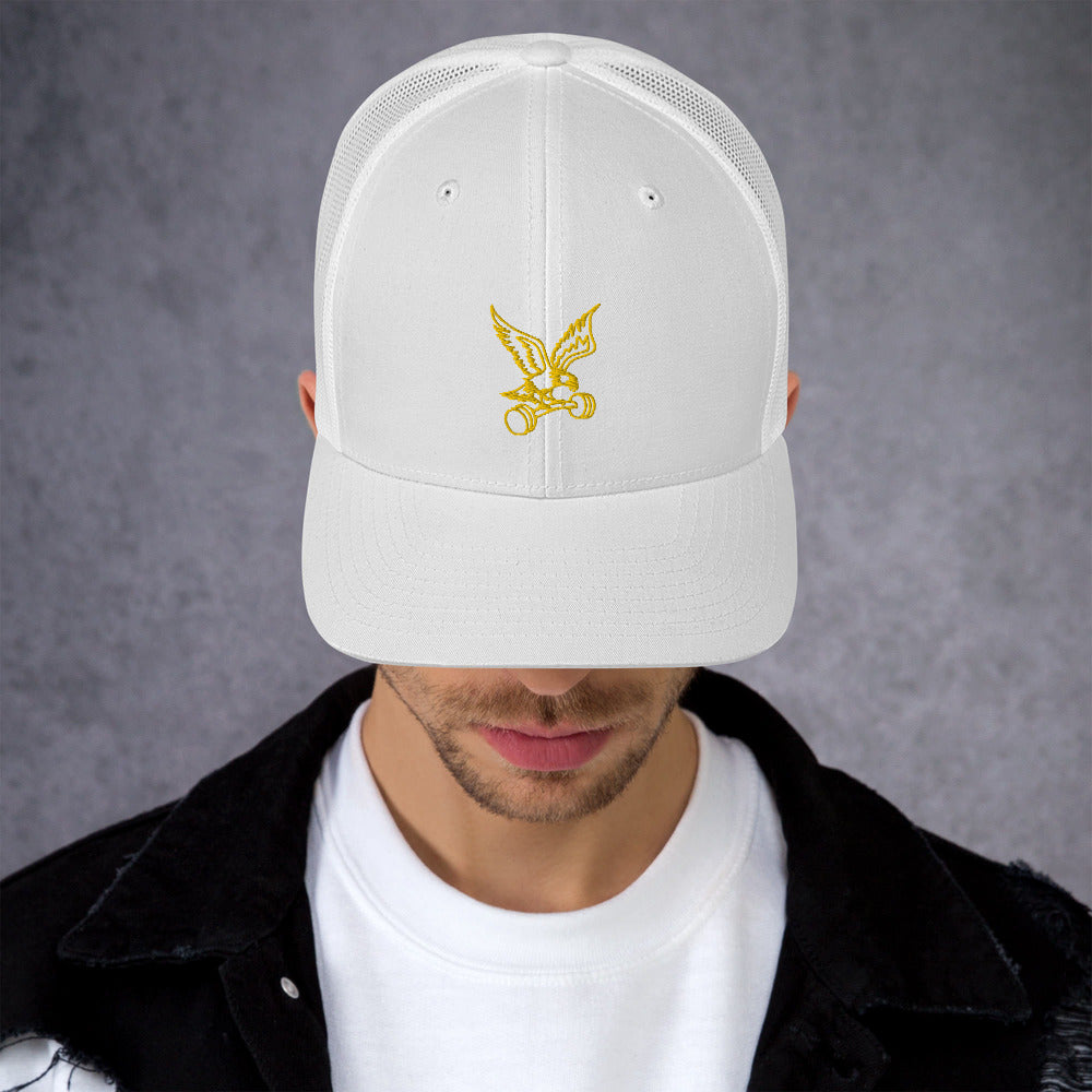 Barbell Eagle Embroidered Snap-Back Lifting Trucker Cap in White - Front