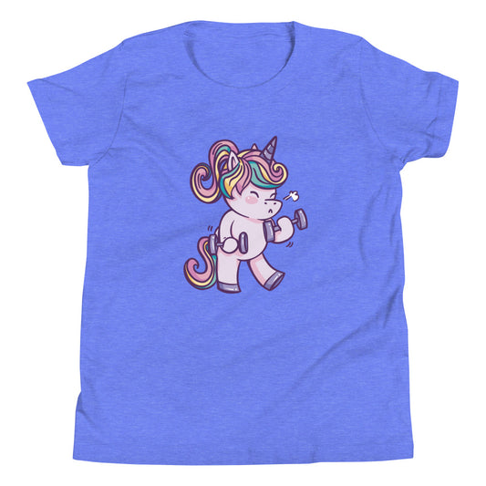 Weightlifting Unicorn Children's T-Shirt in Heather Columbia Blue