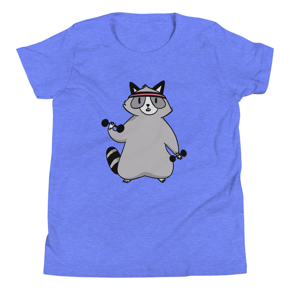 Weightlifting Racoon Children's T-Shirt in Heather Columbia Blue