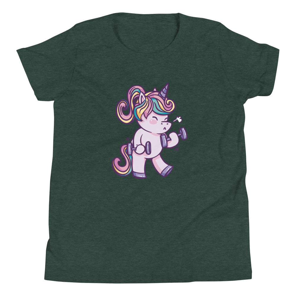 Weightlifting Unicorn Children's T-Shirt in Heather Forest