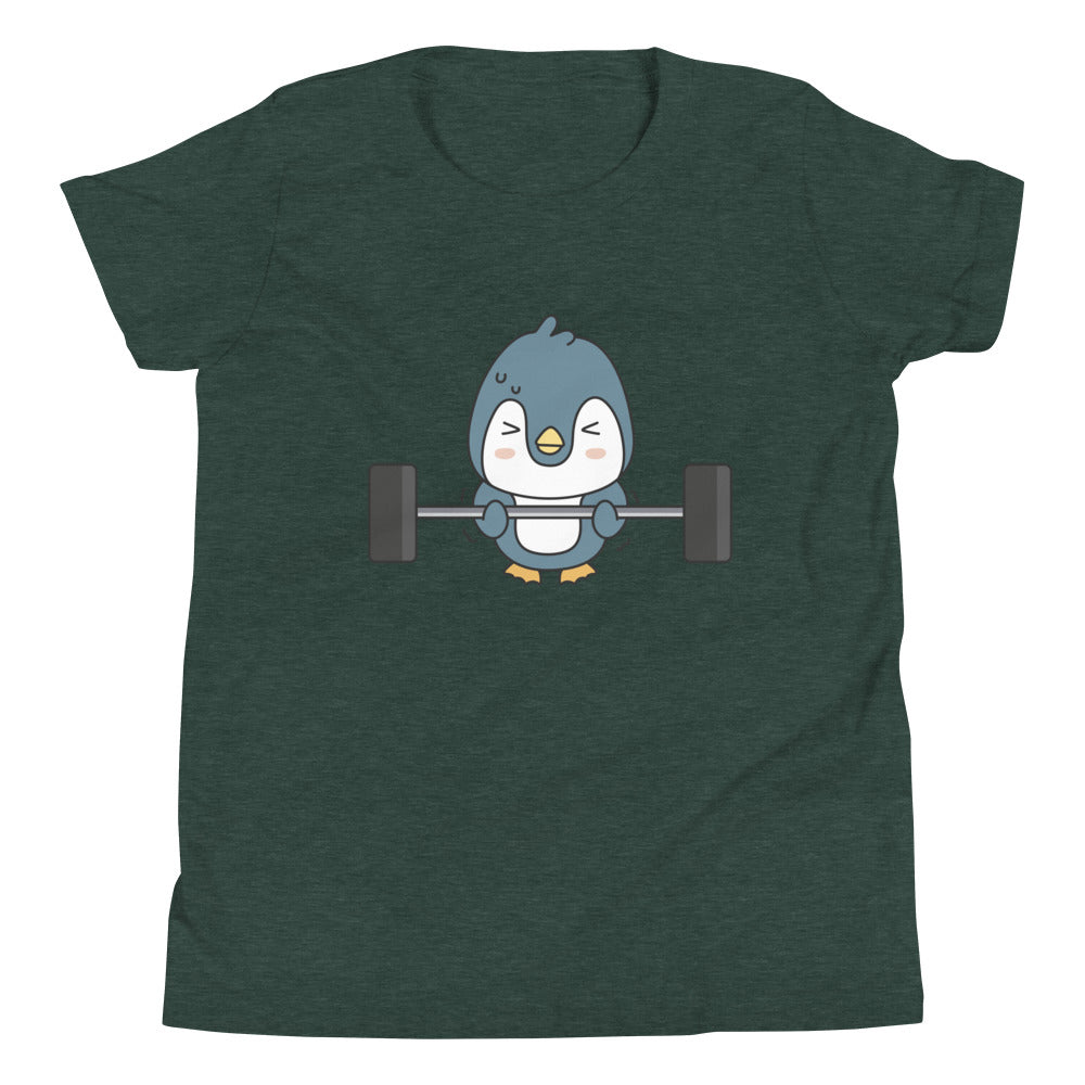 Weightlifting Penguin Children's T-Shirt in Heather Forest