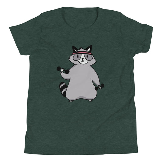 Weightlifting Racoon Children's T-Shirt in Heather Forest