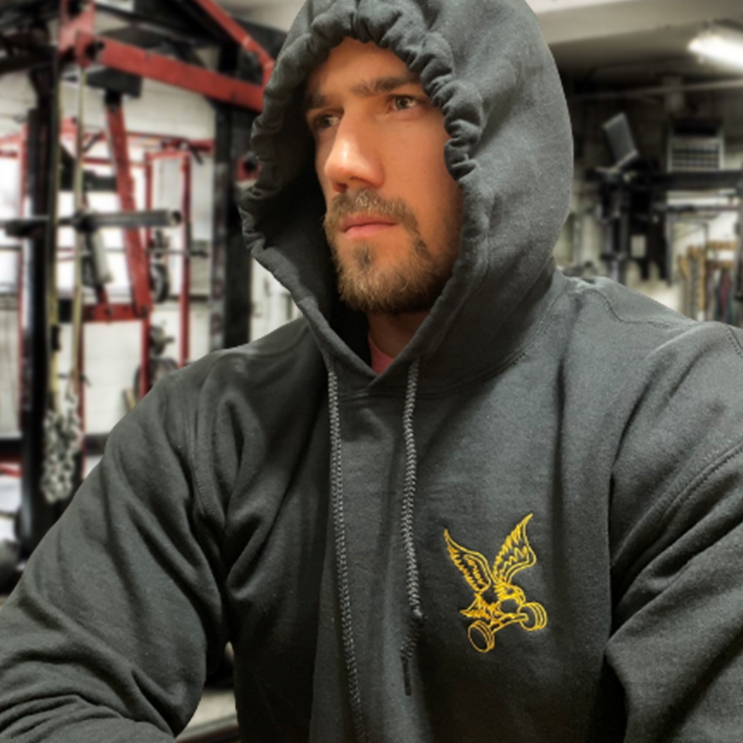 Founder Chris Worman in the Embroidered Barbell Eagle Hoodie