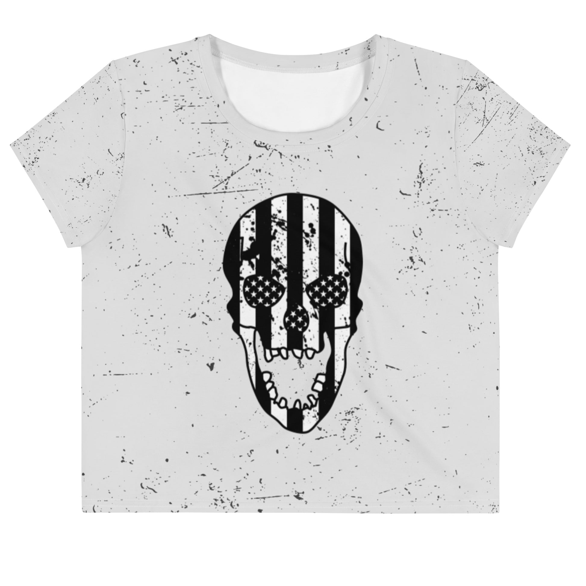 Blacked-Out USA Skull Crop Top in White - Front