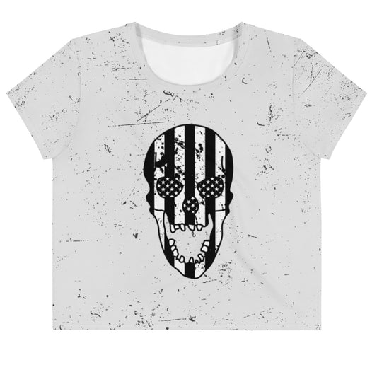 Blacked-Out USA Skull Crop Top in White - Front