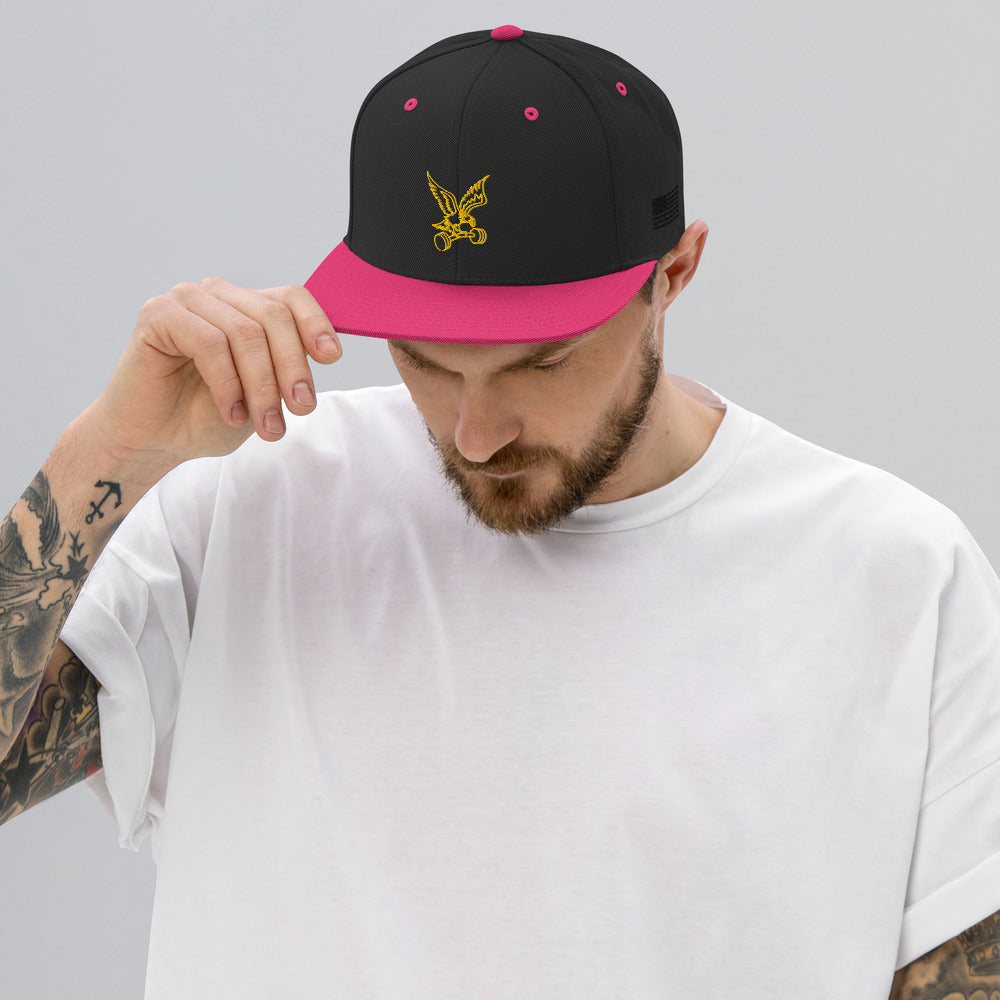 Barbell Eagle Embroidered Adjustable Flat-Billed Gym Hat in Black and Neon Pink