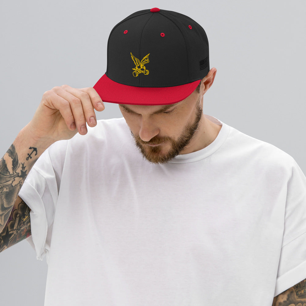 Barbell Eagle Embroidered Adjustable Flat-Billed Gym Hat in Black and Red