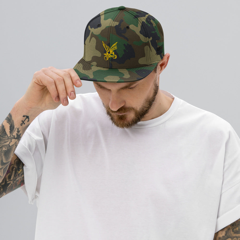 Barbell Eagle Embroidered Adjustable Flat-Billed Gym Hat in Green Camo 2