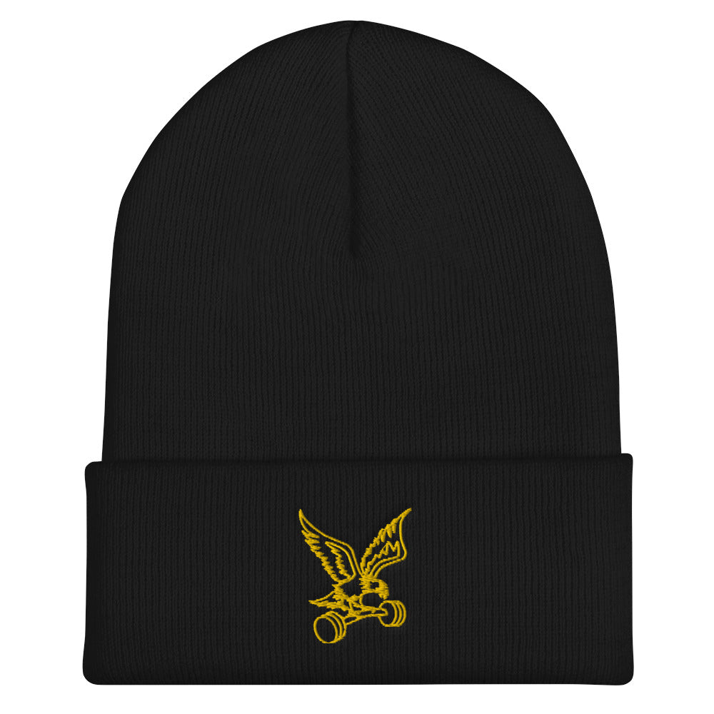 Barbell Eagle Embroidered Cuffed Gym Beanie in Black - Flat