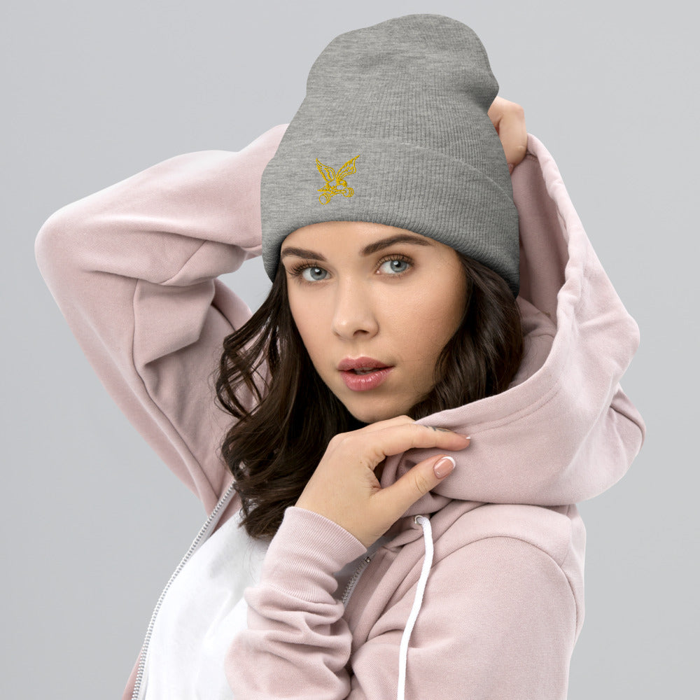 Barbell Eagle Embroidered Cuffed Gym Beanie in Heather Grey