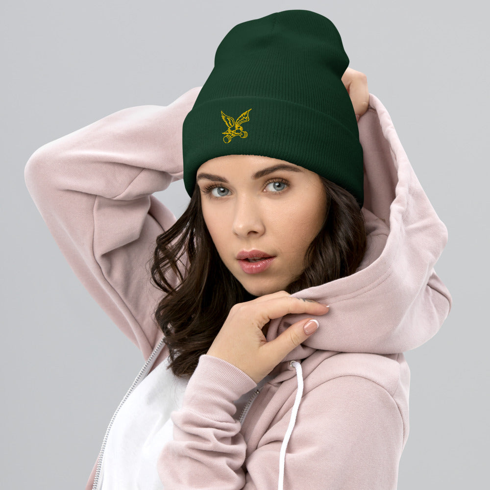 Barbell Eagle Embroidered Cuffed Gym Beanie in Spruce