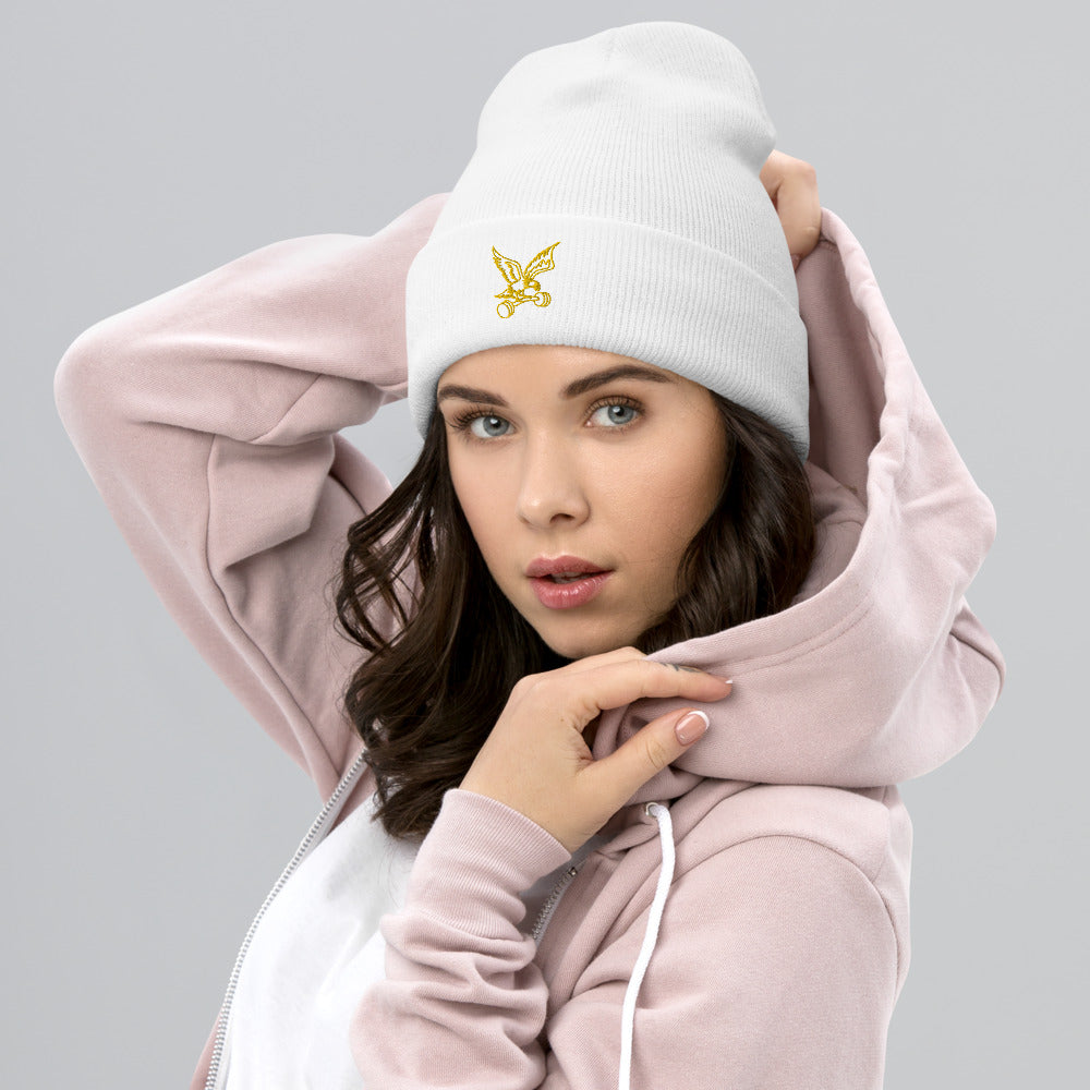 Barbell Eagle Embroidered Cuffed Gym Beanie in White
