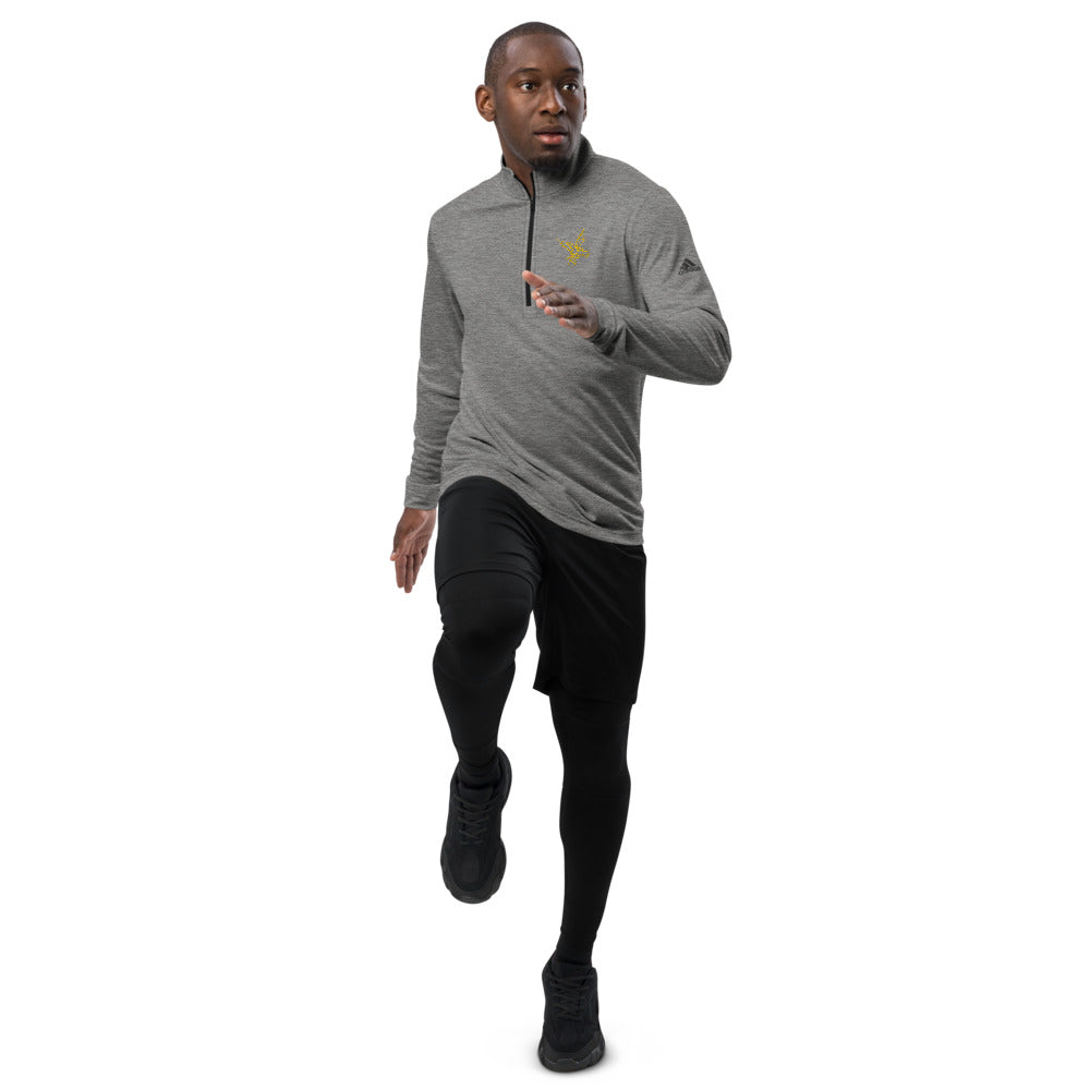 adidas Barbell Eagle Quarter-Zip Lifting Pullover in Black Heather - Front with Movement