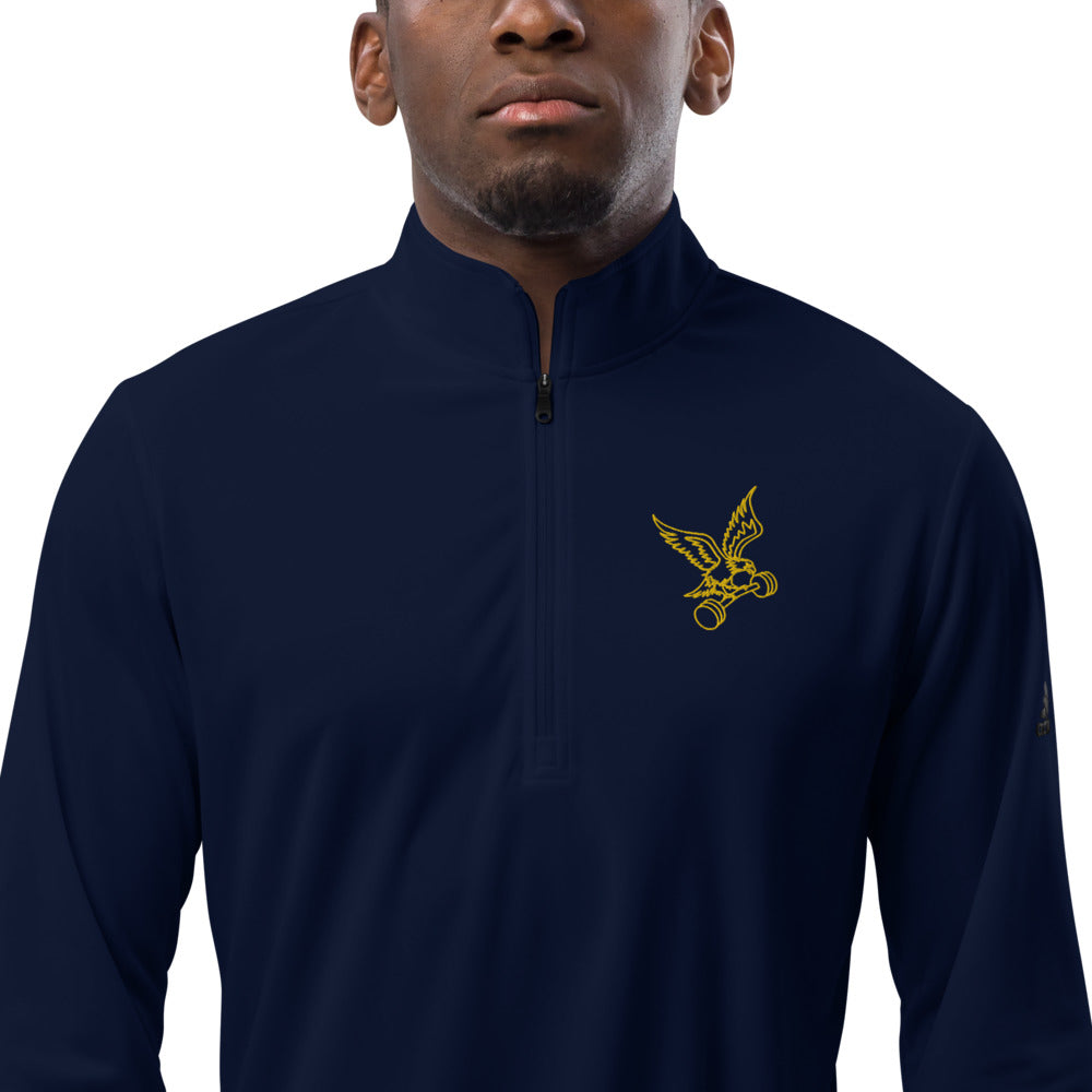 adidas Barbell Eagle Quarter-Zip Lifting Pullover in Collegiate Navy - Zoomed In