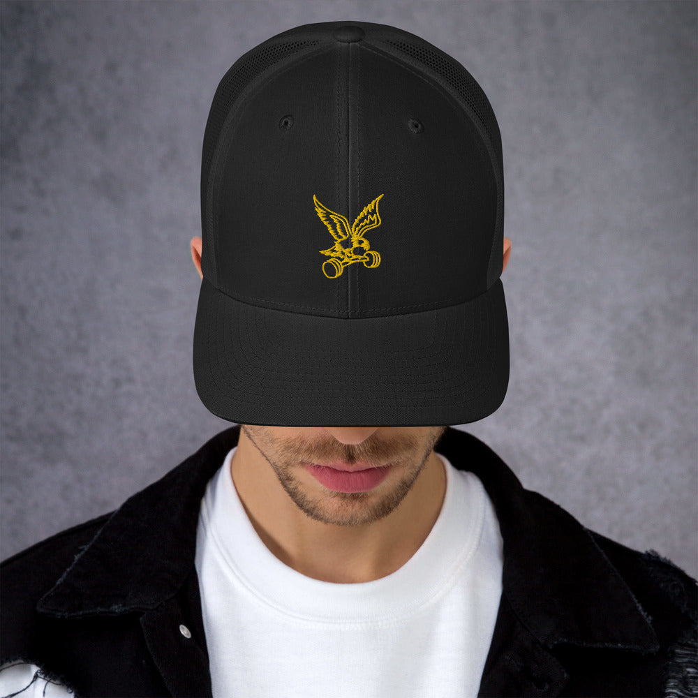 Barbell Eagle Embroidered Snap-Back Lifting Trucker Cap in Black