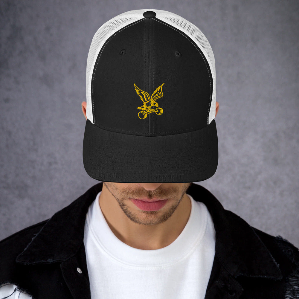Barbell Eagle Embroidered Snap-Back Lifting Trucker Cap in Black and White - Front