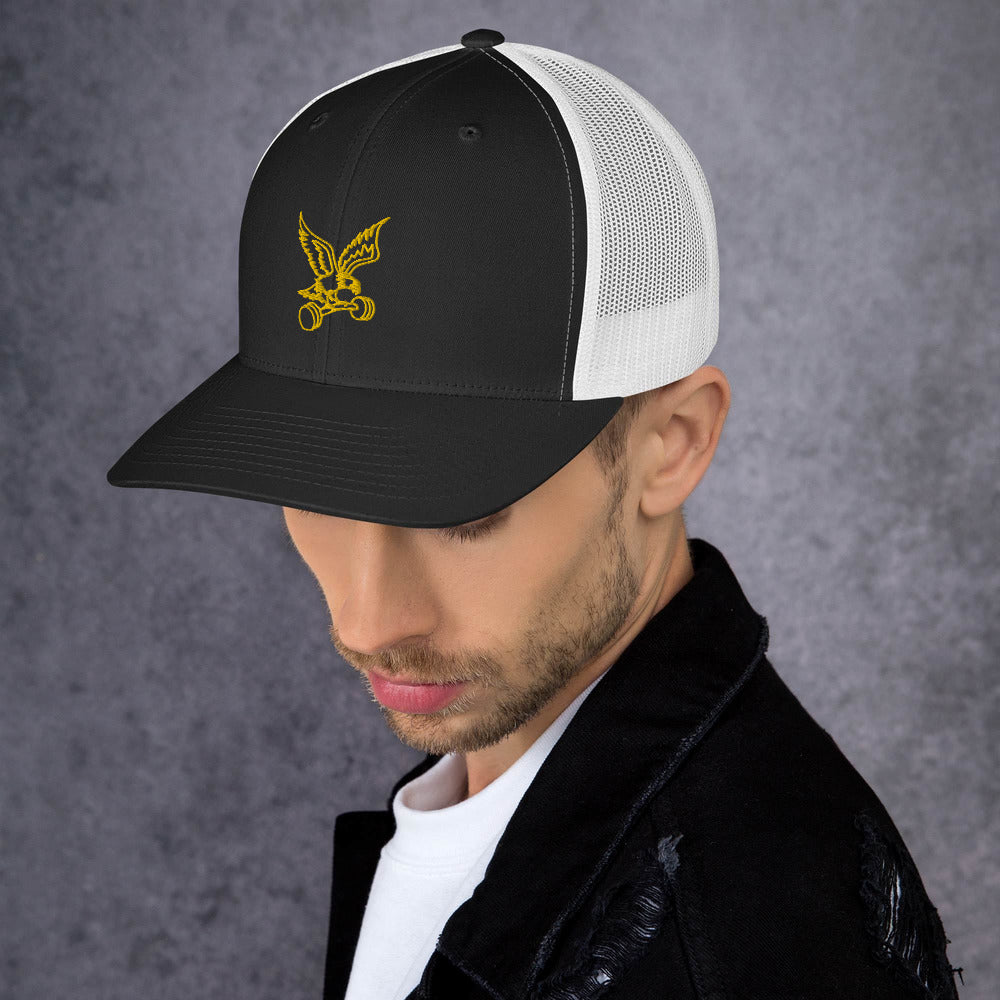 Barbell Eagle Embroidered Snap-Back Lifting Trucker Cap in Black and White