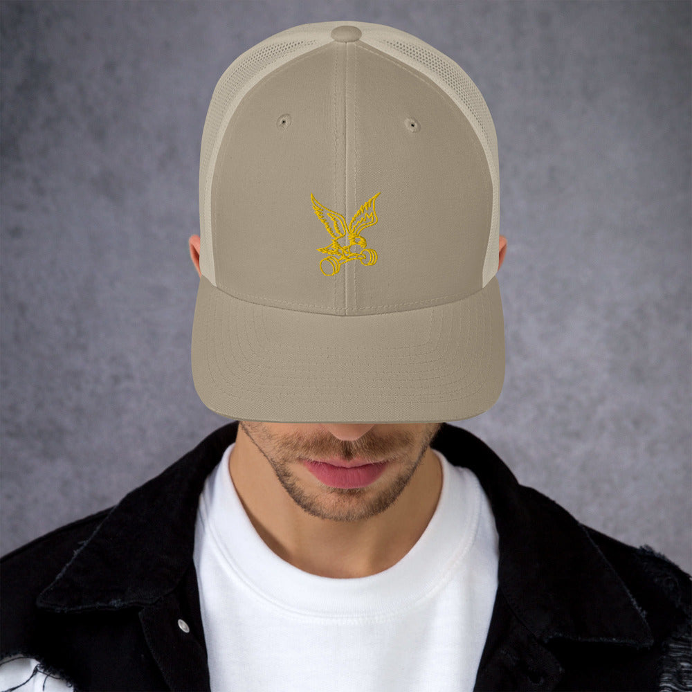 Barbell Eagle Embroidered Snap-Back Lifting Trucker Cap in Khaki - Front