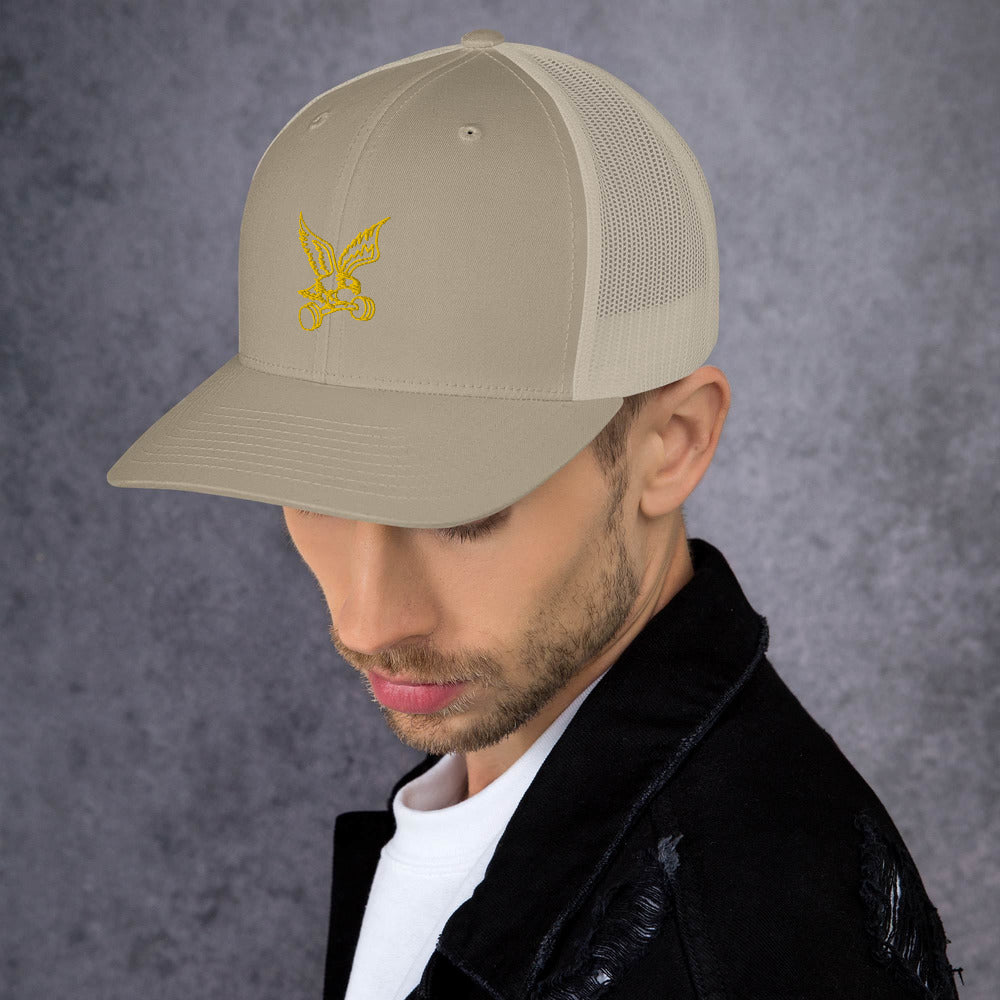 Barbell Eagle Embroidered Snap-Back Lifting Trucker Cap in Khaki - Left Front