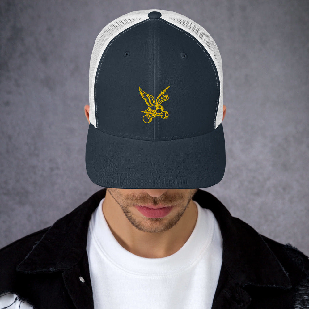 Barbell Eagle Embroidered Snap-Back Lifting Trucker Cap in Navy and White - Front