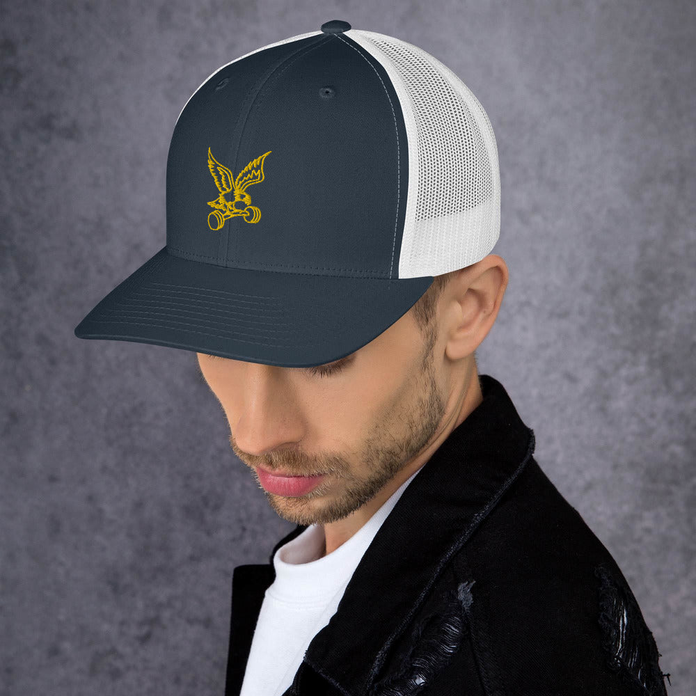 Barbell Eagle Embroidered Snap-Back Lifting Trucker Cap in Navy and White - Left Front