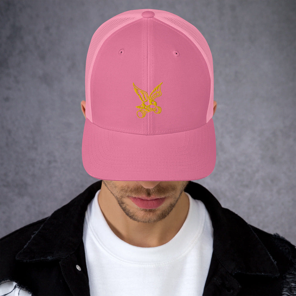 Barbell Eagle Embroidered Snap-Back Lifting Trucker Cap in Pink Front
