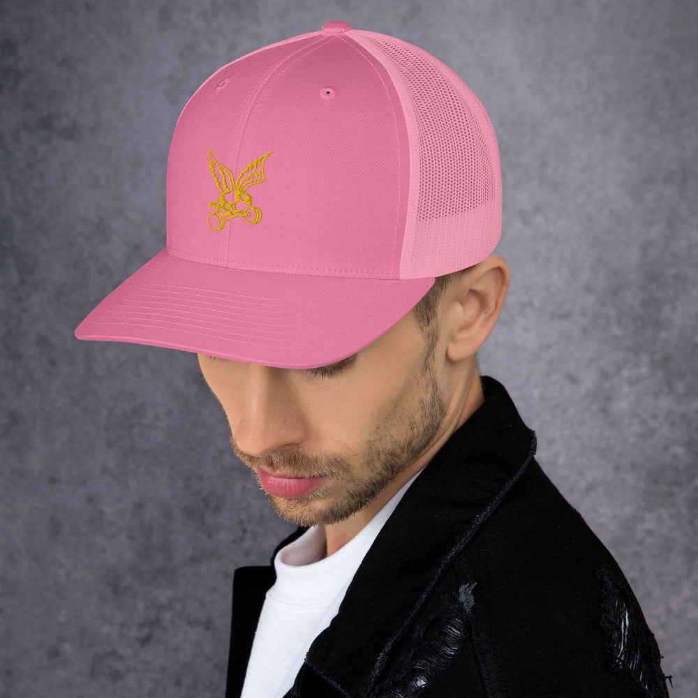 Barbell Eagle Embroidered Snap-Back Lifting Trucker Cap in Pink - Left Front