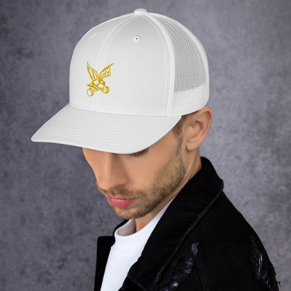 Barbell Eagle Embroidered Snap-Back Lifting Trucker Cap in White - Left Front