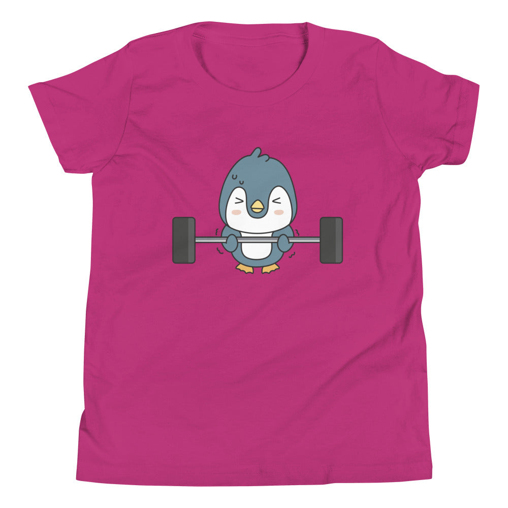 Weightlifting Penguin Children's T-Shirt in Berry