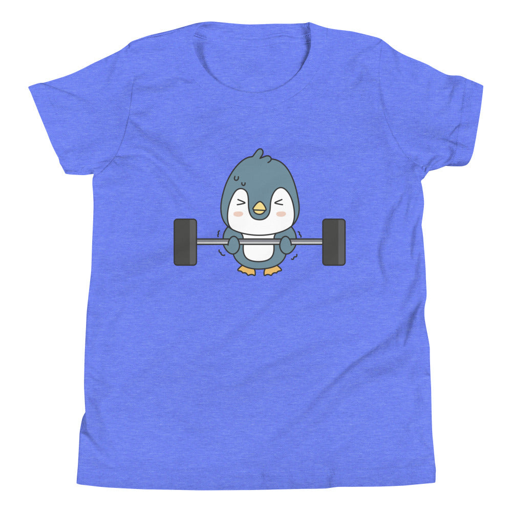 Weightlifting Penguin Children's T-Shirt in Heather Columbia Blue