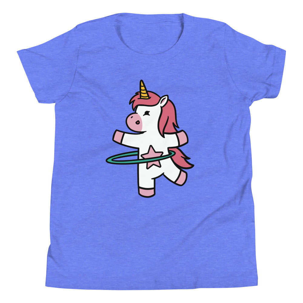 Hula Hooping Unicorn Children's T-Shirt in Heather Columbia Blue