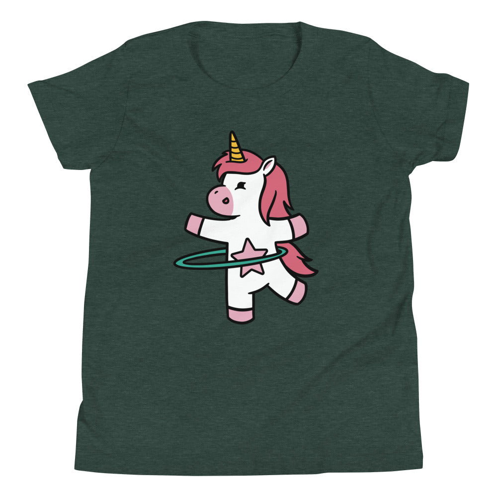 Hula Hooping Unicorn Children's T-Shirt in Heather Forest