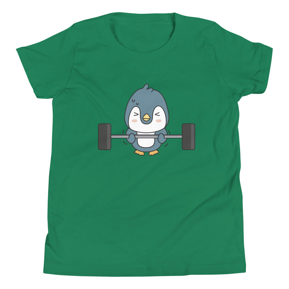 Weightlifting Penguin Children's T-Shirt in Kelly Green